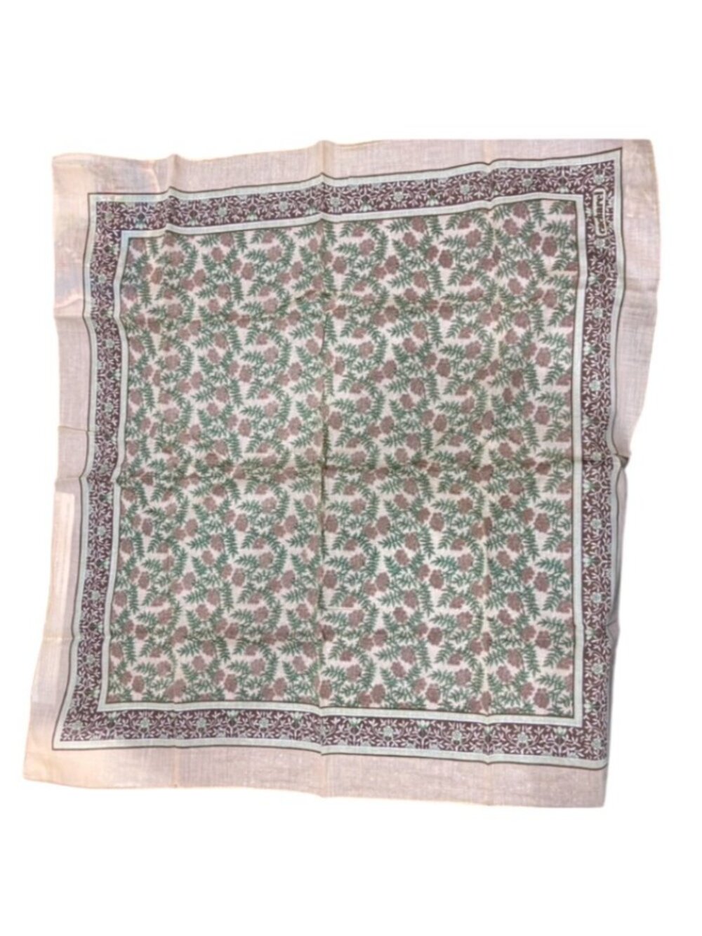 Vintage 24x24 Floral Block Print Beige Green Cotton Scarf Cottagecore Botanical